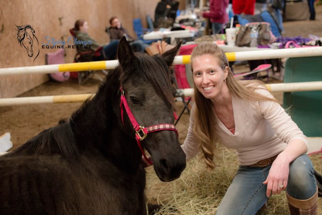 Sarah Susa, founder & President of Flying Changes Equine Rescue, and our very first intake, Tilly, the morgan-type pony